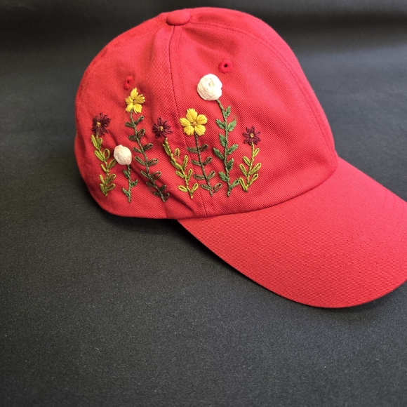 Hand Embroidery Wild Flower Hat | Girly Baseball Cap | Flower Hat | Red Hat - Picture 4 of 9